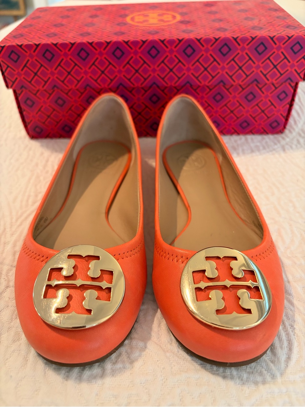 Tory Burch Coral Leather Logo Ballet Flats